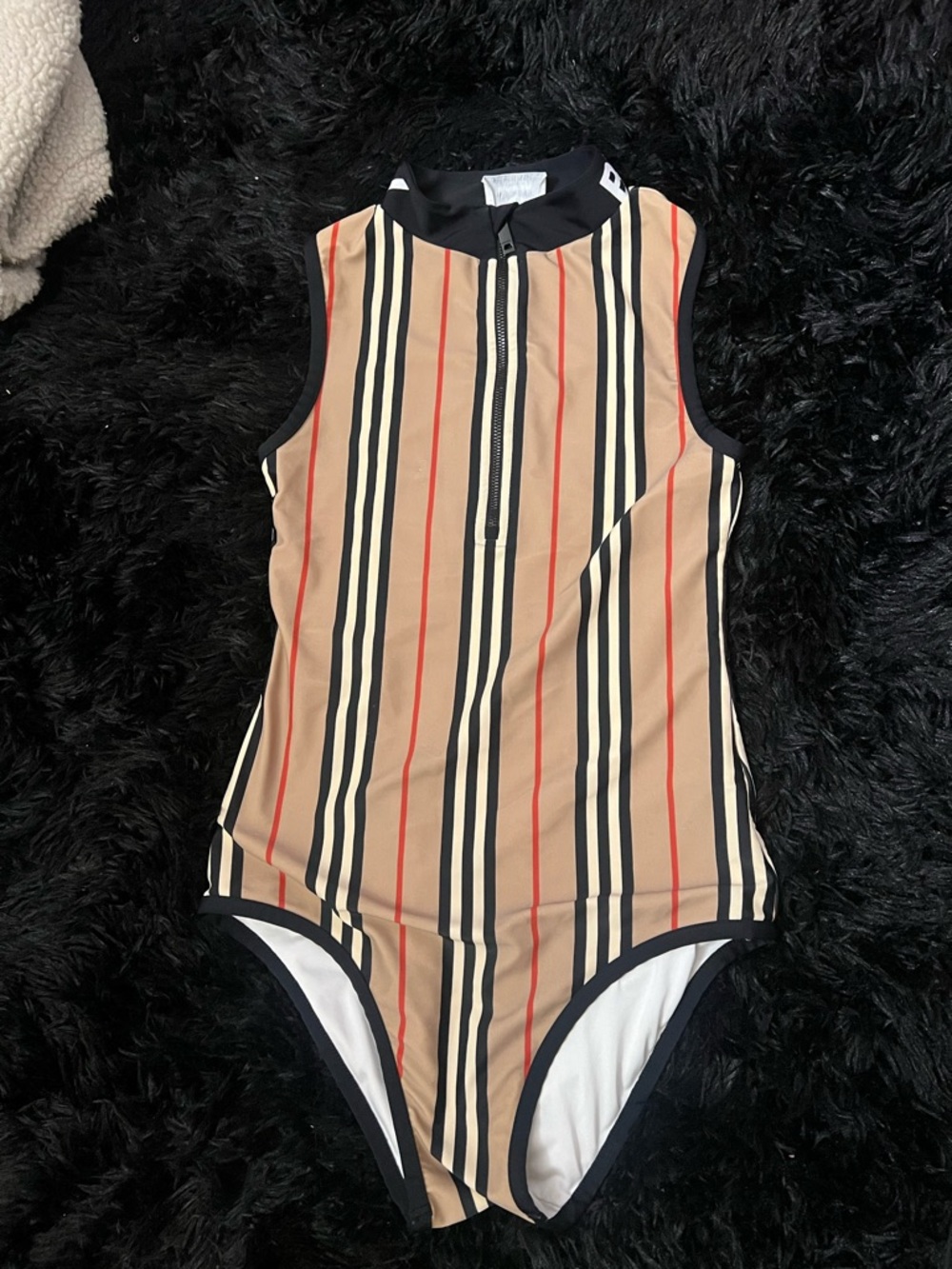 Burberry Beige Black Red Striped Kids One-Piece Swimsuit